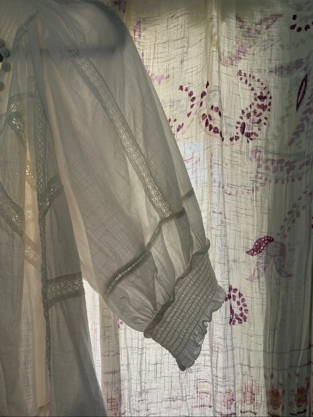 Anthropologie White Sheer Lace-Trim Button-Front Blouse